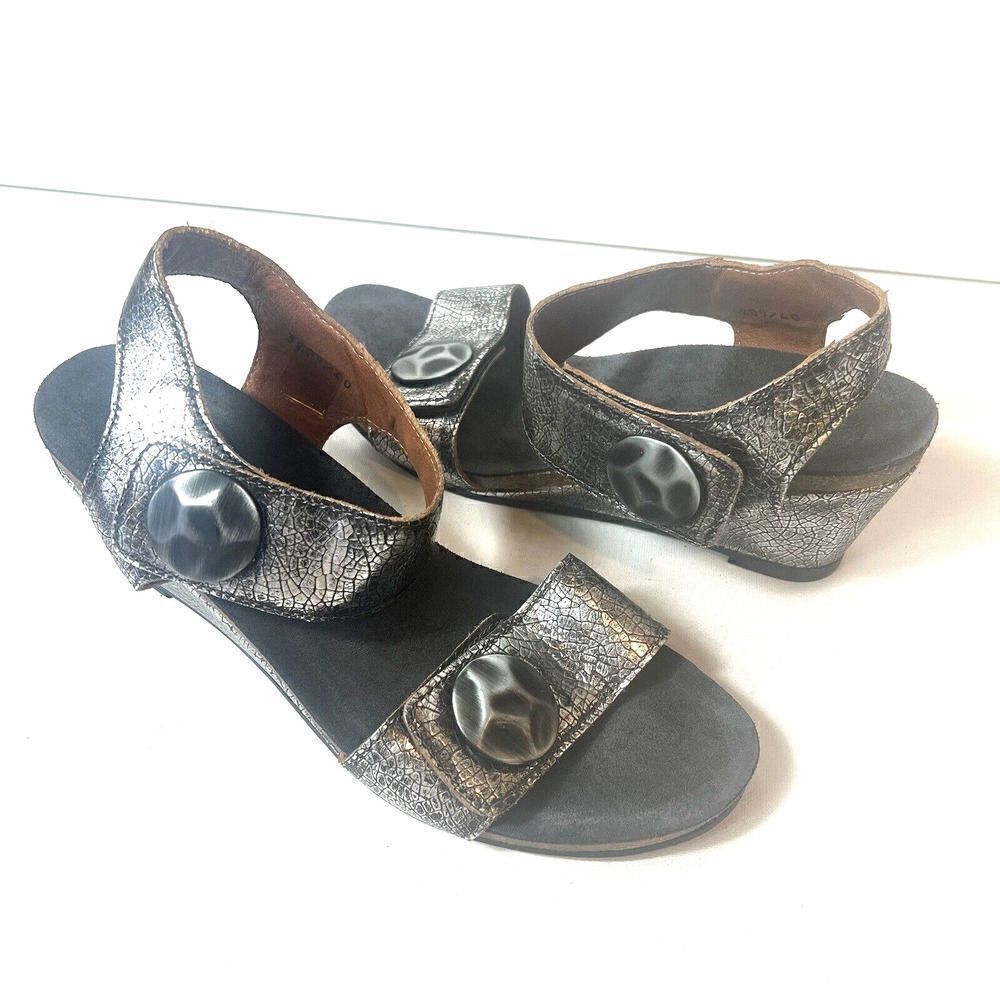 Taos Womens metallic Gray Leather Wedge Sandals EU 40 US 9.5 Sling Back Open Toe